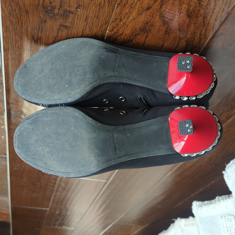 Miu Miu Black Lace-Up Ankle Heels with Red Accents and Crystal Trim - Picture 6 of 13